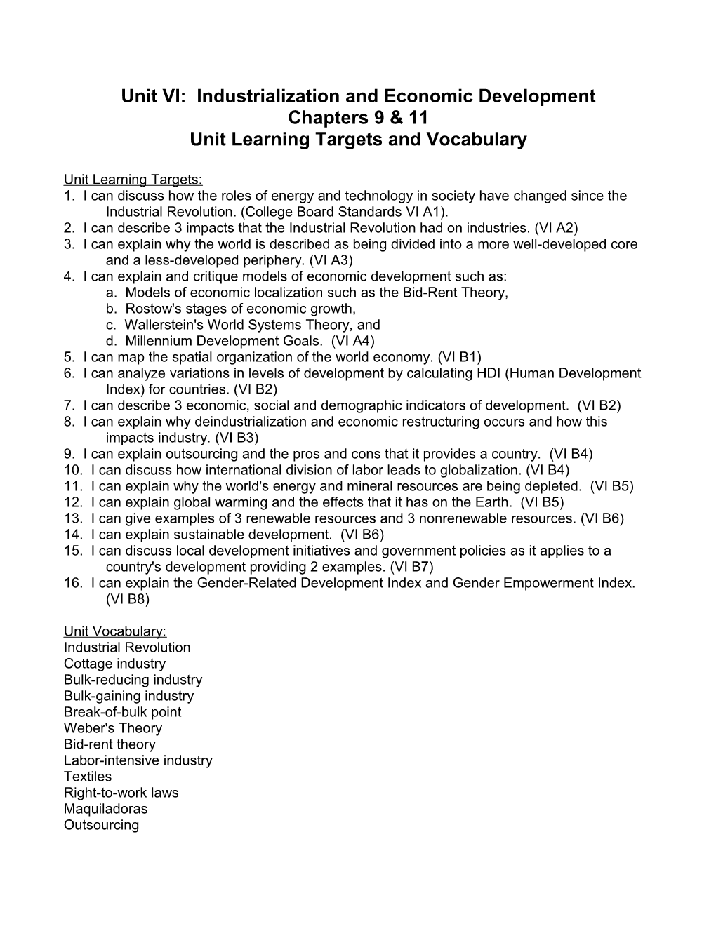 Unit VI: Industrialization and Economic Development