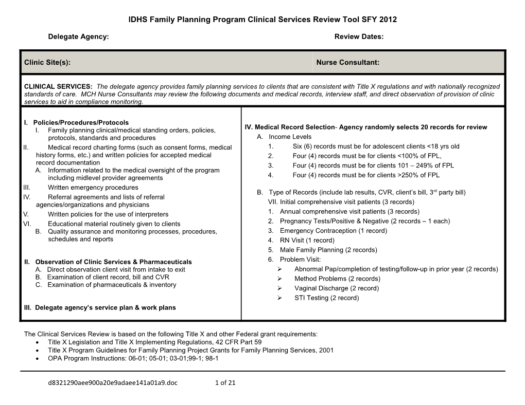 IDHS Family Planning Program Clinical Services Review Tool SFY 2012