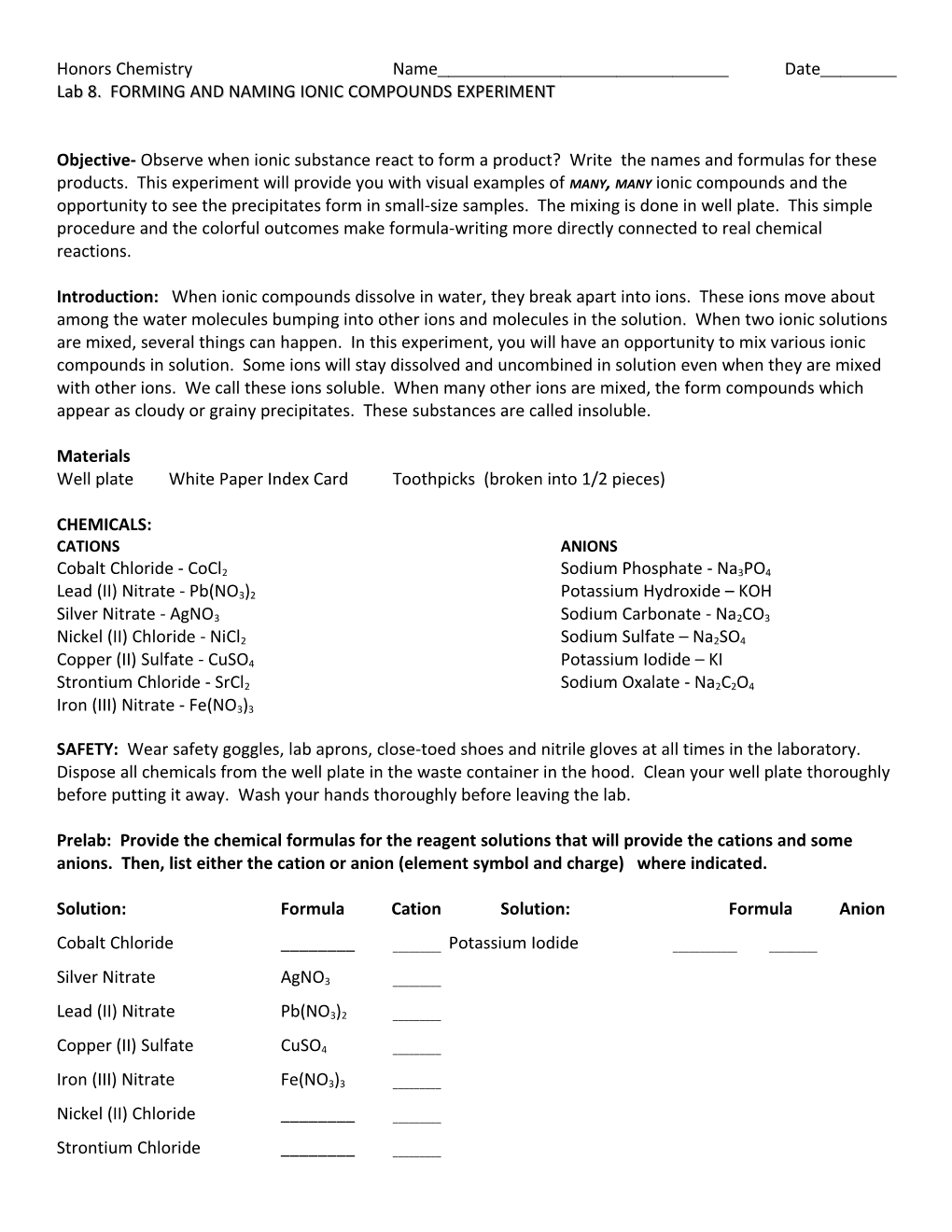 Lab 8. FORMING and NAMING IONIC COMPOUNDS EXPERIMENT