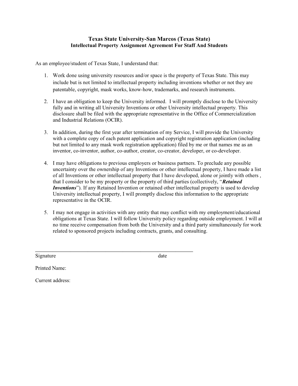 Intellectual Property Assignment Agreement for Staff and Students