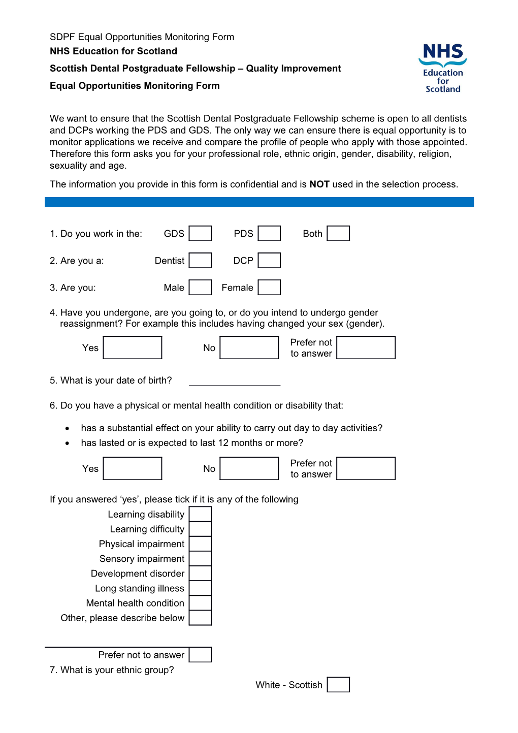SDPF Equal Opportunities Monitoring Form