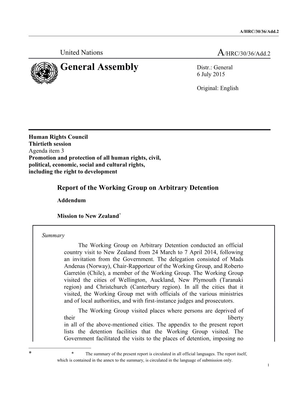 Report of the Working Group on Arbitrary Detention, Addendum - Mission to New Zealand in English