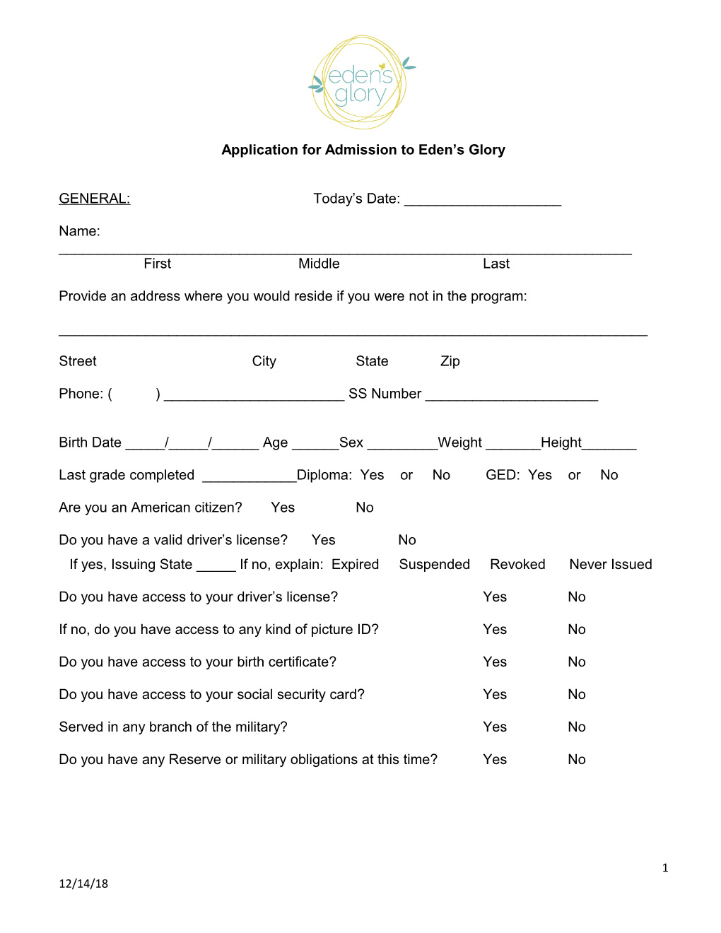 Application for Admission to Eden S Glory