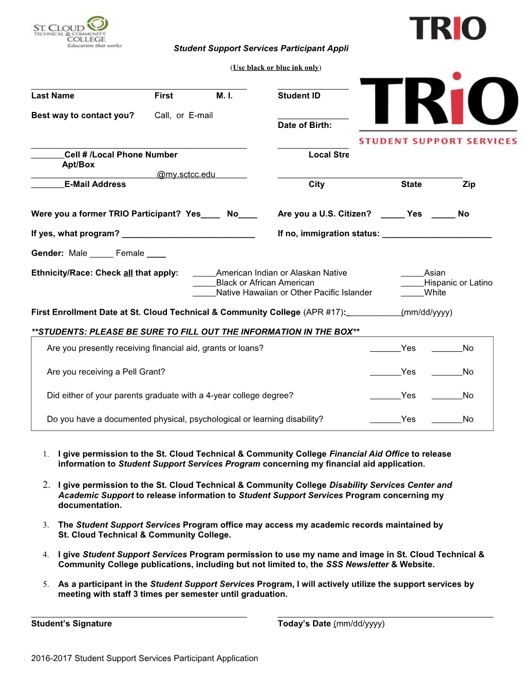 Student Support Services Participant Application