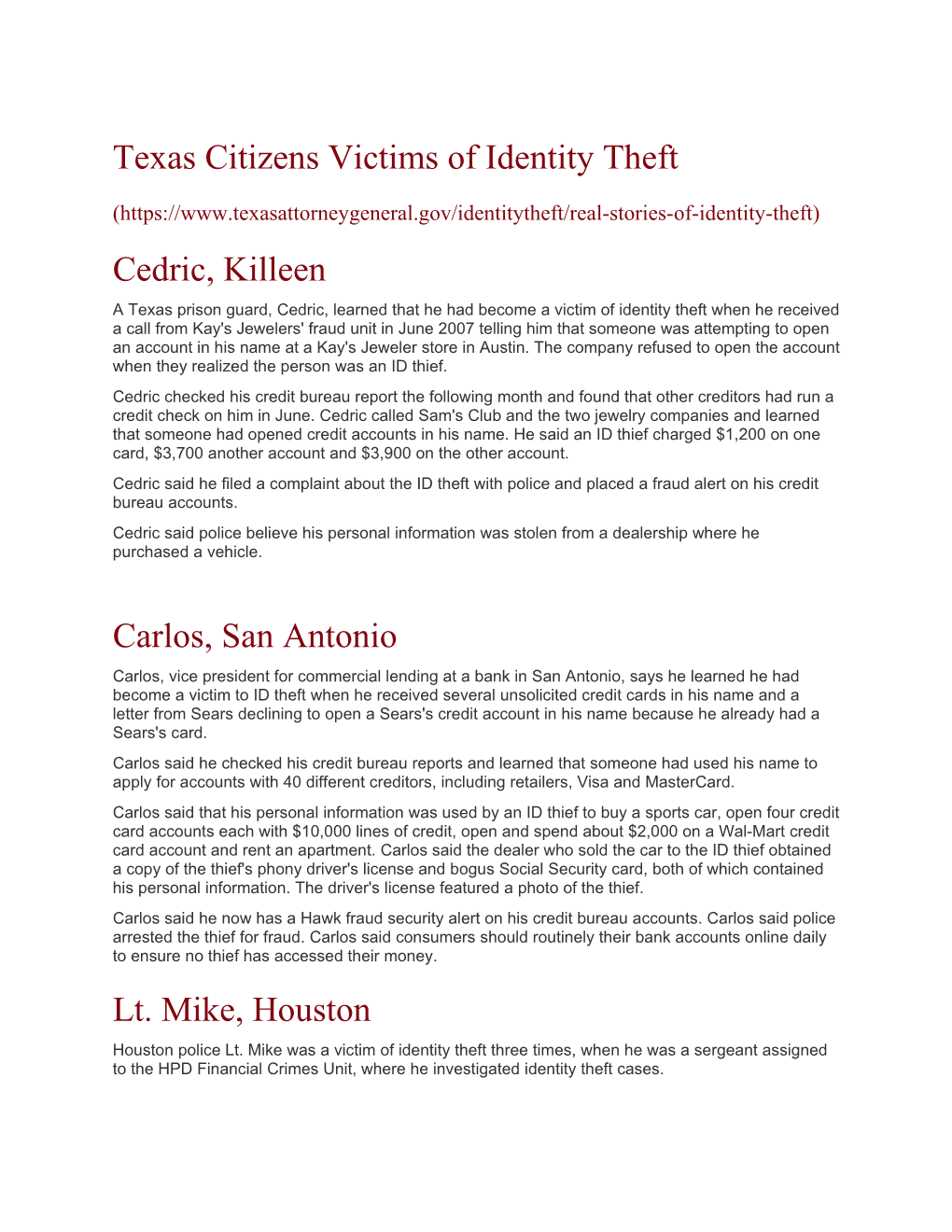 Texas Citizens Victims of Identity Theft