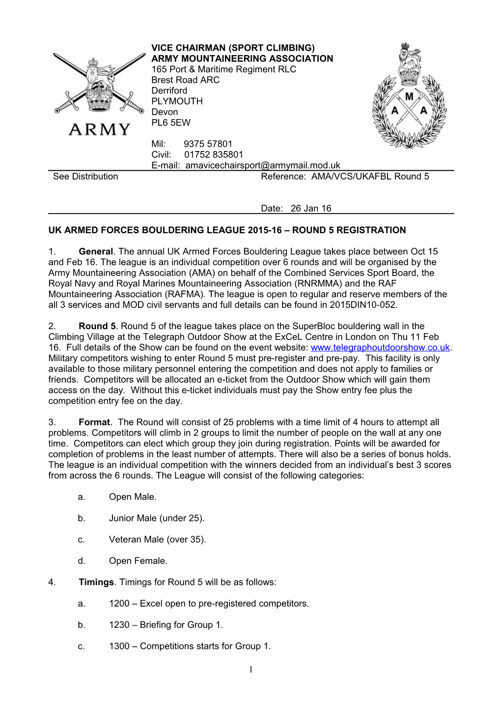 Uk Armed Forces Bouldering League 2015-16 Round 5 Registration