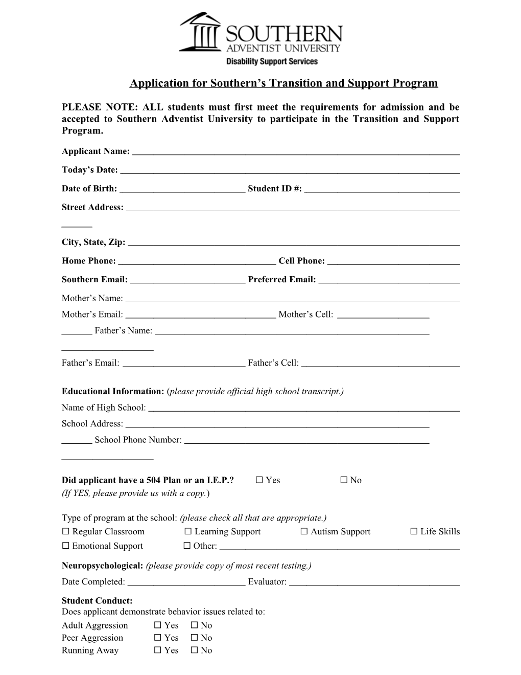Application for Southern S Transition and Support Program