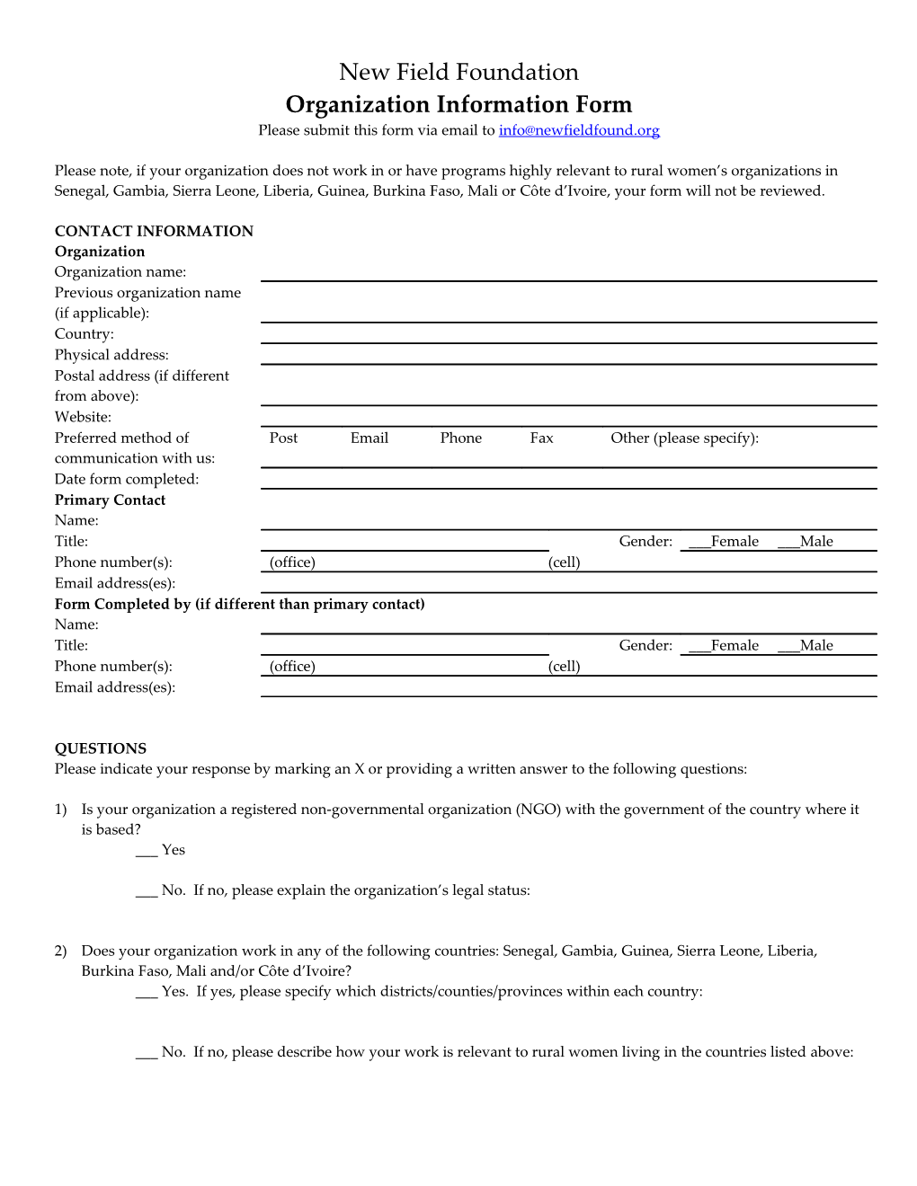 Common Application: Preliminary Inquiry Form on Secondary Page