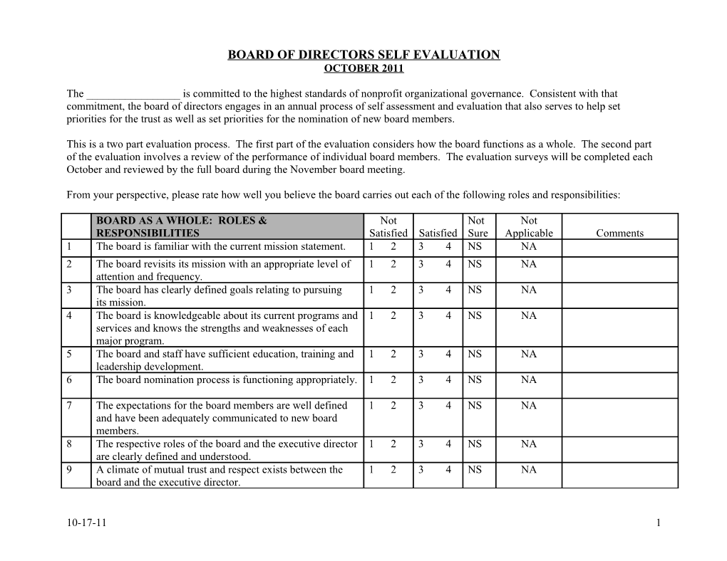 Sherwood Trust Board of Directors Self Evaluation