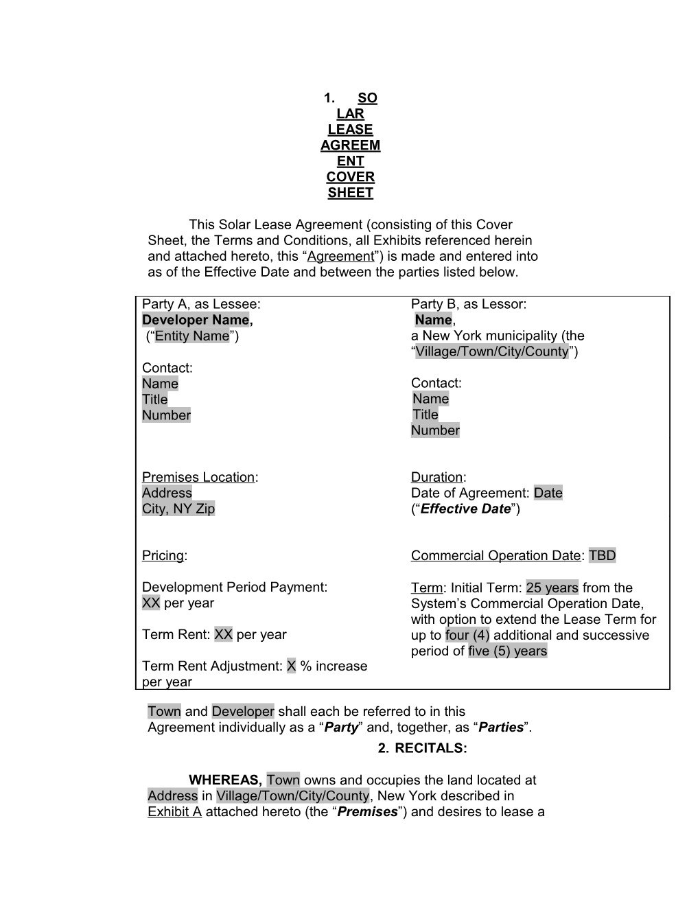 Solar Lease Agreementcover Sheet