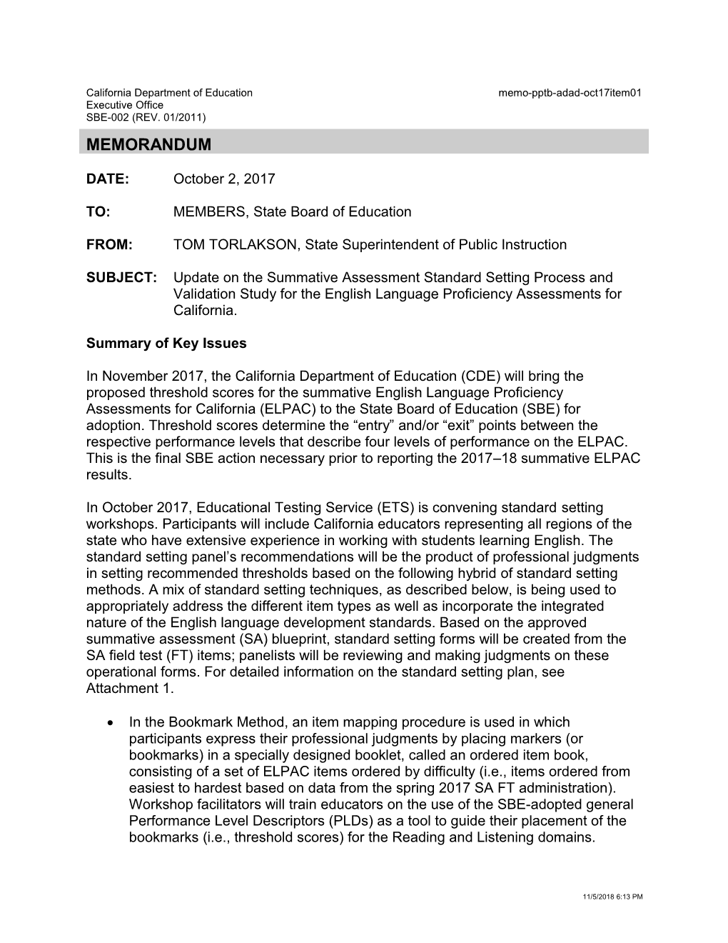 October 2017 Memo ADAD Item 01 - Information Memorandum (CA State Board of Education)