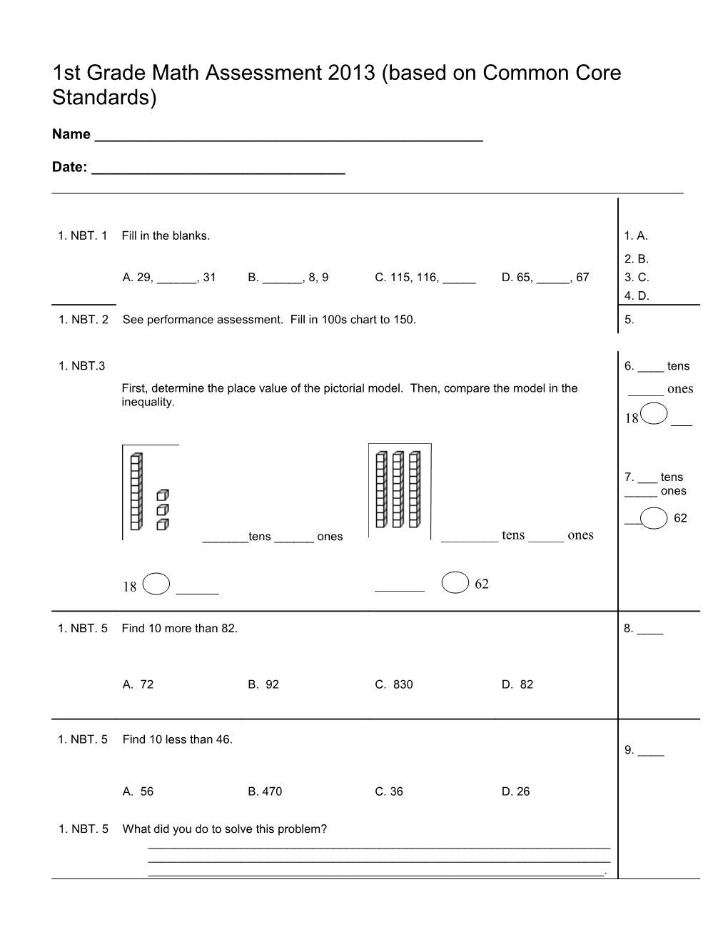 1St Grade Math Assessment 2013 (Based on Common Core Standards)