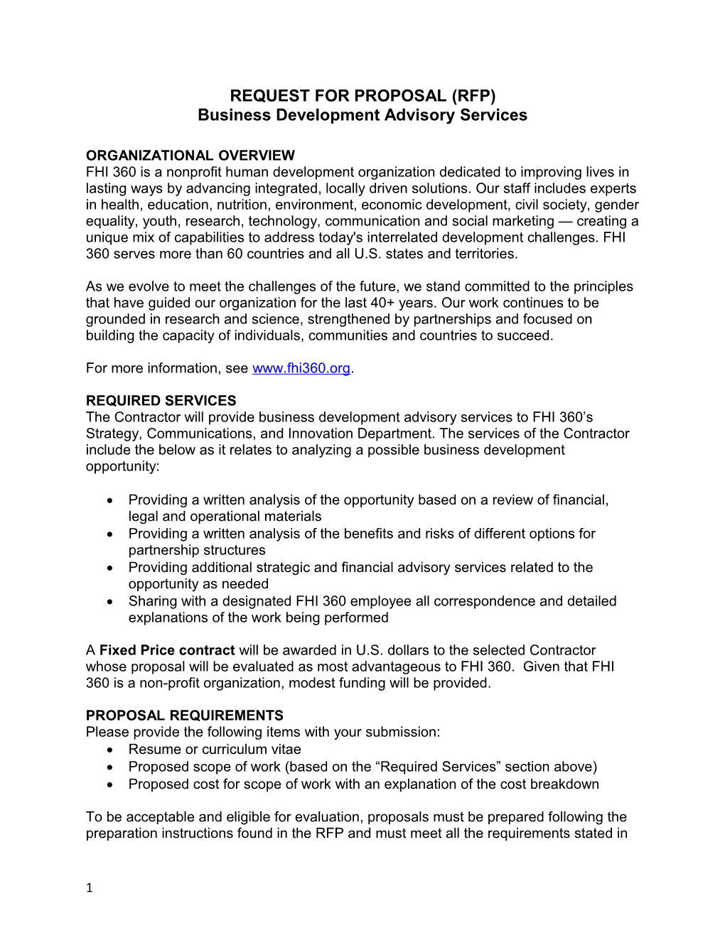 REQUEST for PROPOSAL (RFP) Business Development Advisoryservices
