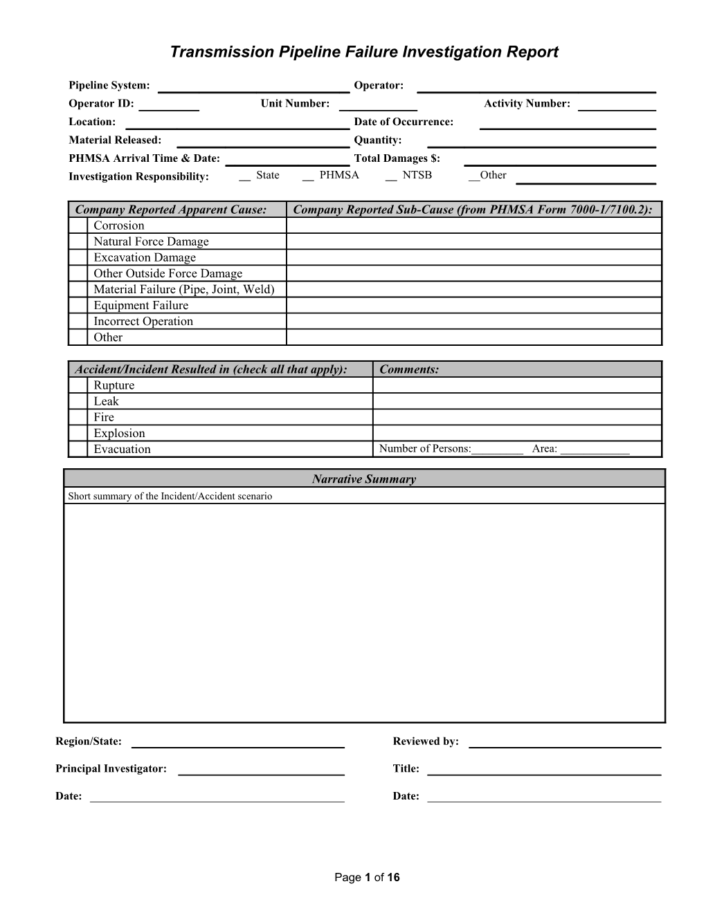 Transmission Pipeline Failure Investigation Report