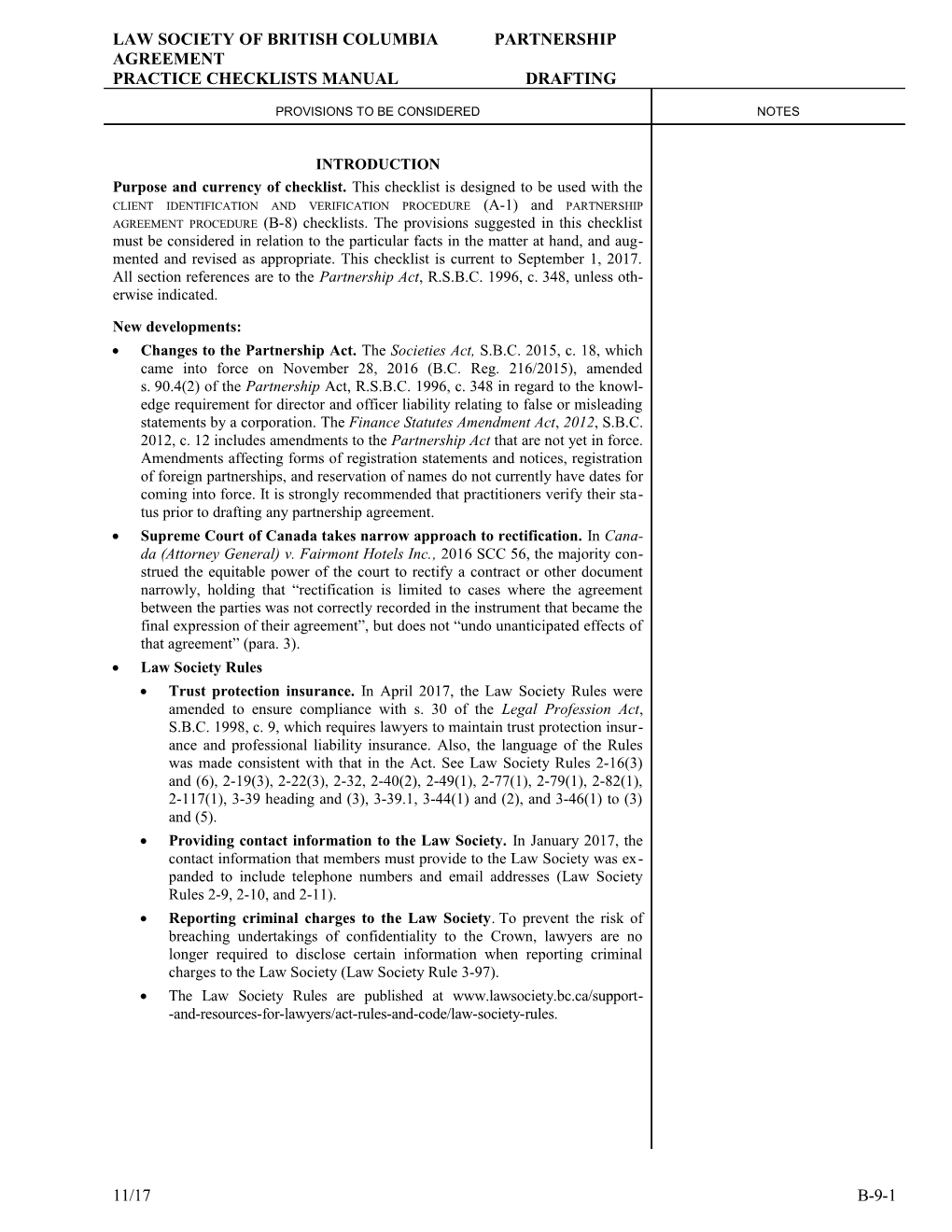 Practice Checklists Manual: Partnership Agreement Drafting Checklist