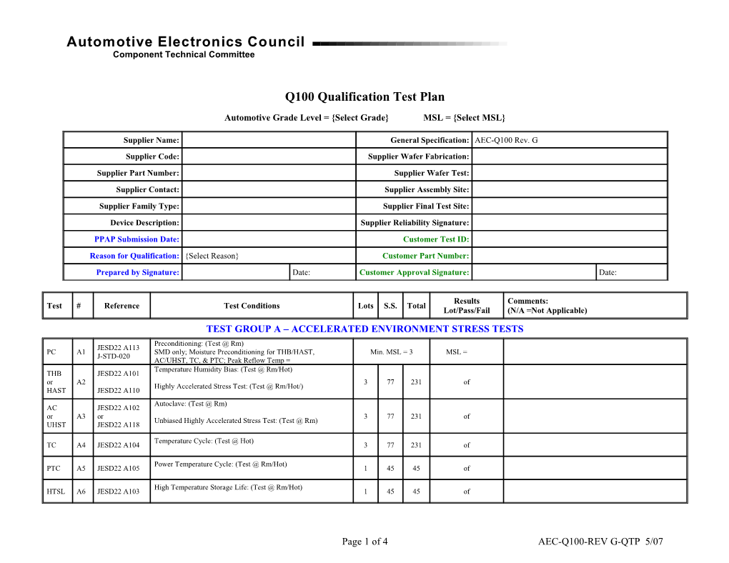 Q100 Qualification Test Plan