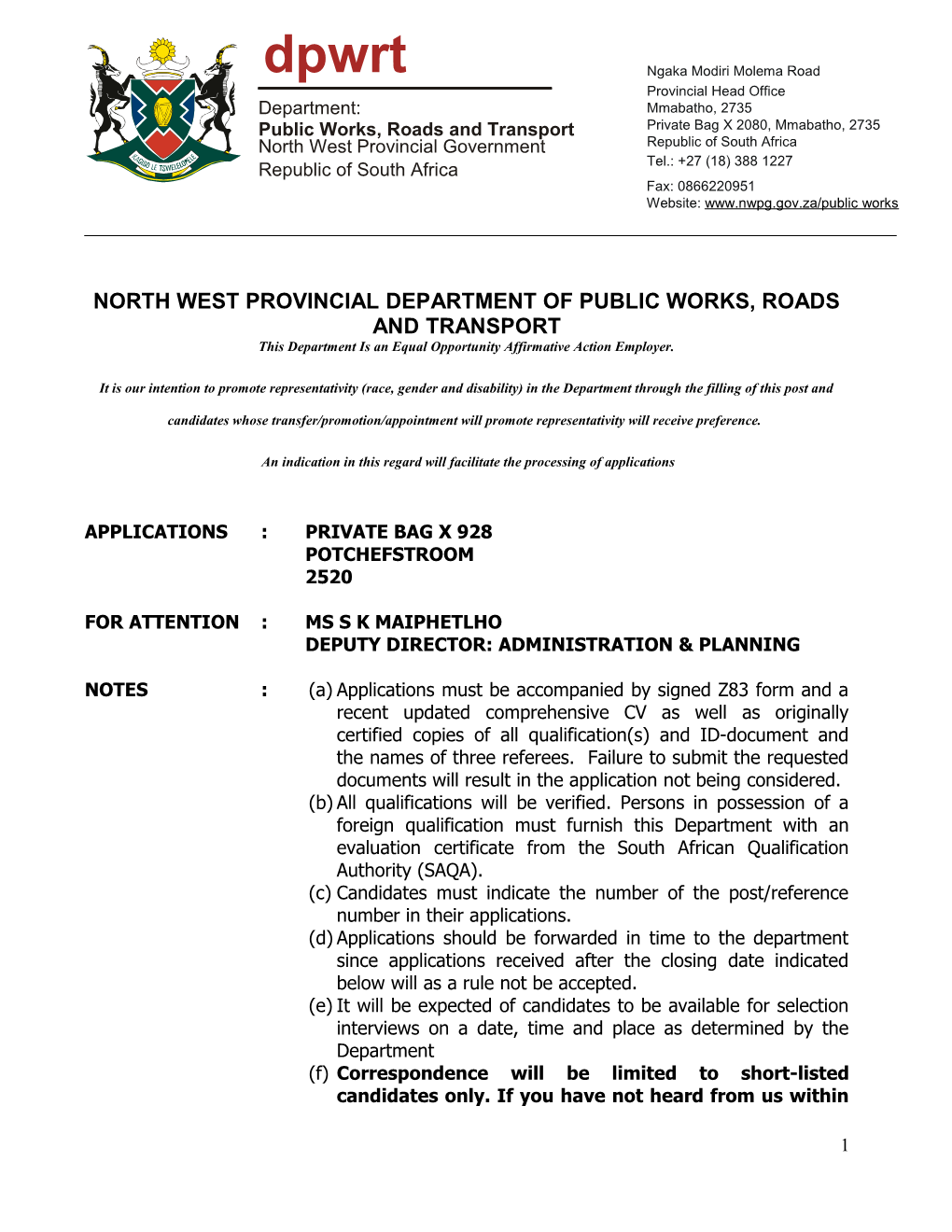 North West Provincial Department of Public Works, Roads and Transport