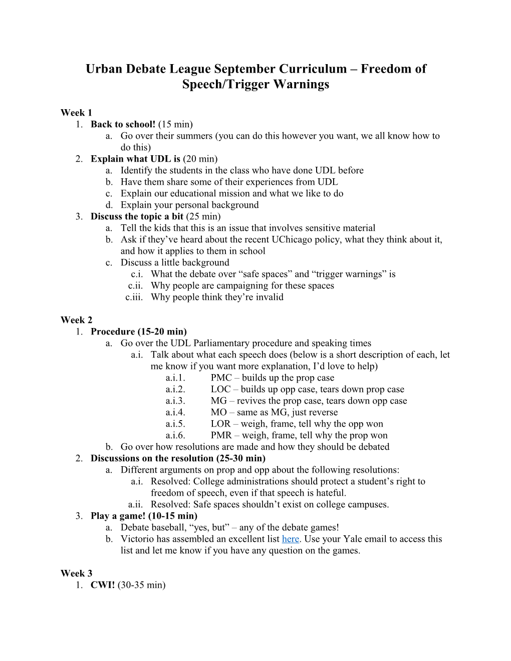 Urban Debate League September Curriculum Freedom of Speech/Trigger Warnings