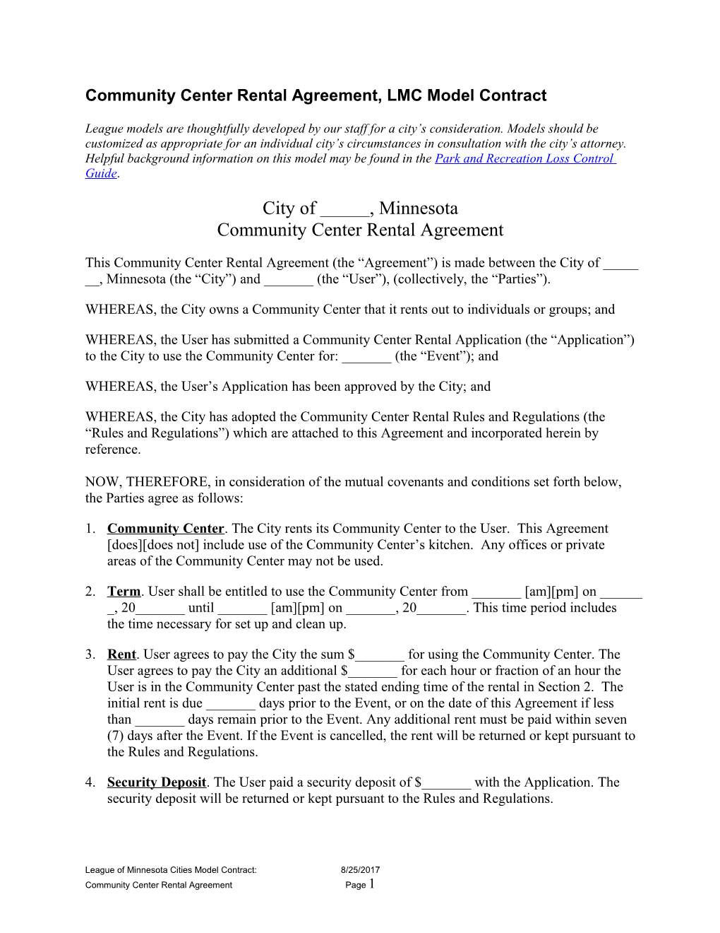 Community Center Rental Agreement