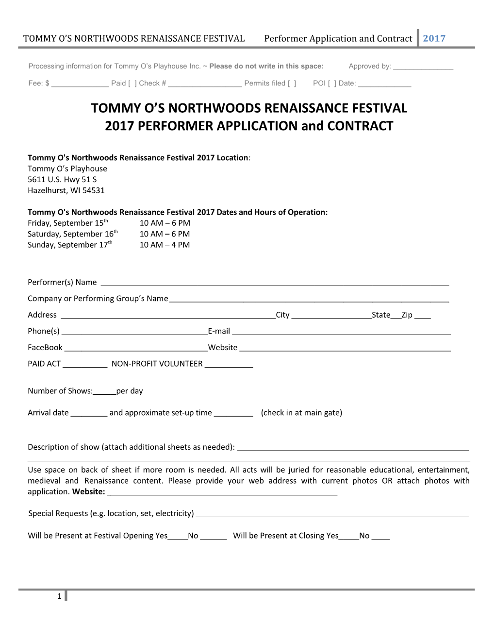 TOMMY O S NORTHWOODS RENAISSANCE FESTIVAL Vendor Application and Contract