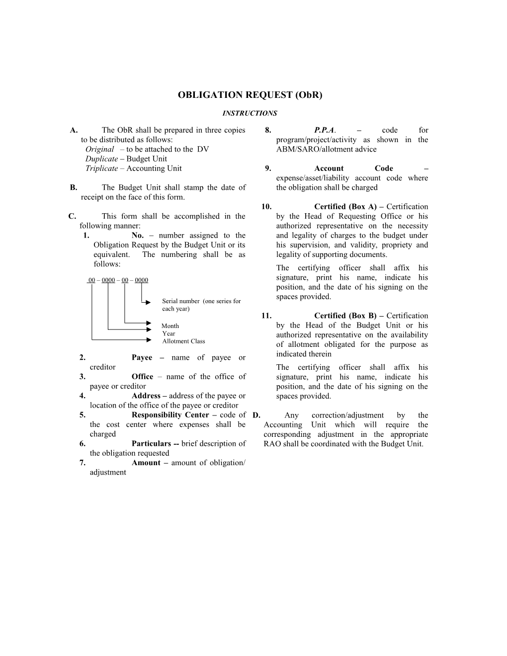 Annexes A1, A2, B and C (Obr, BUR, DV and RBU) - Instructions