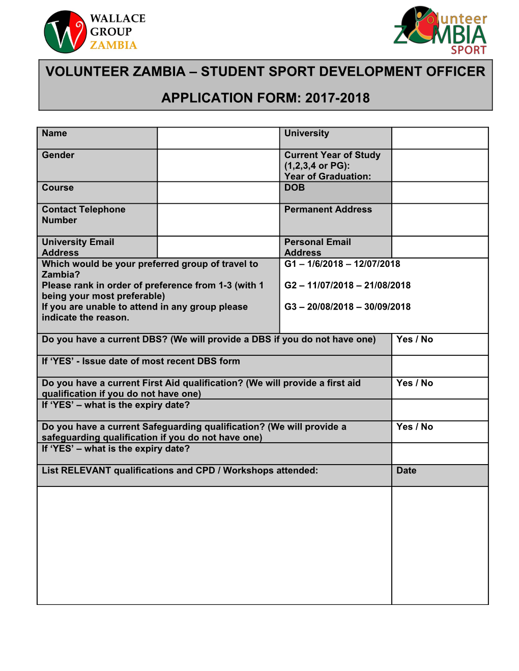 Volunteer Zambia Student Sport Development Officer Application Form 2017-2018
