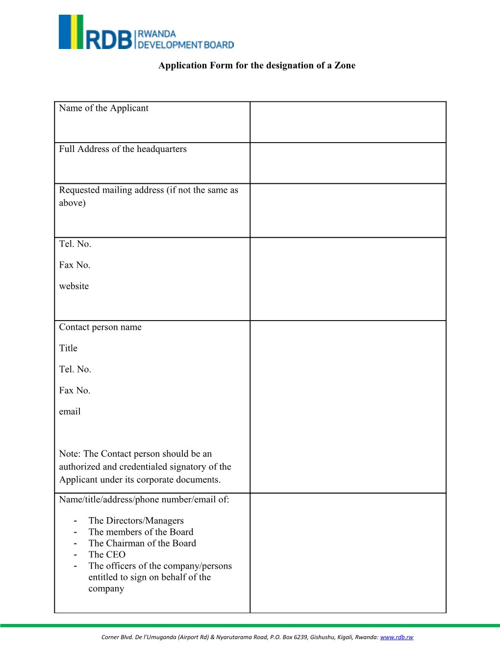 Application Form for the Designation of a Zone