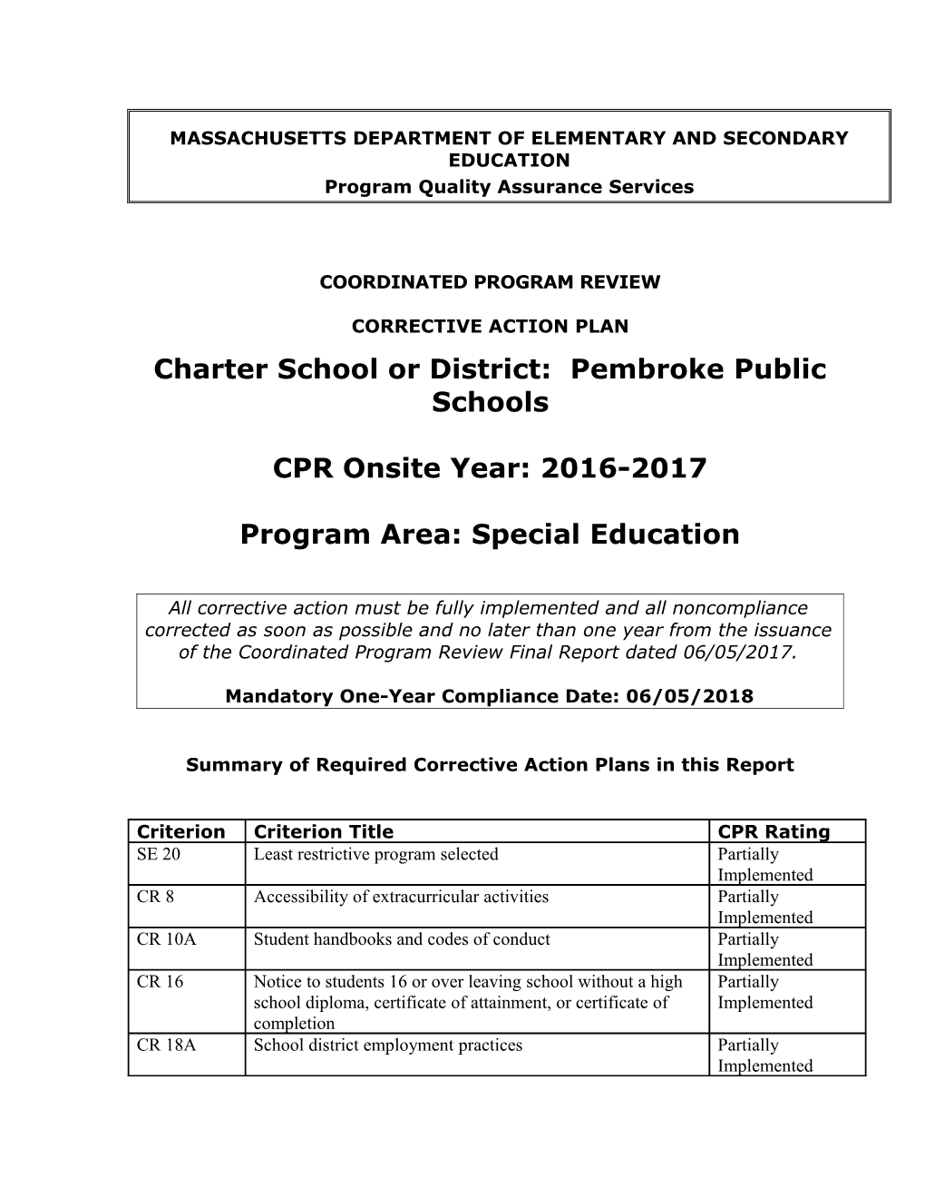 Pembroke Public Schools CAP 2017