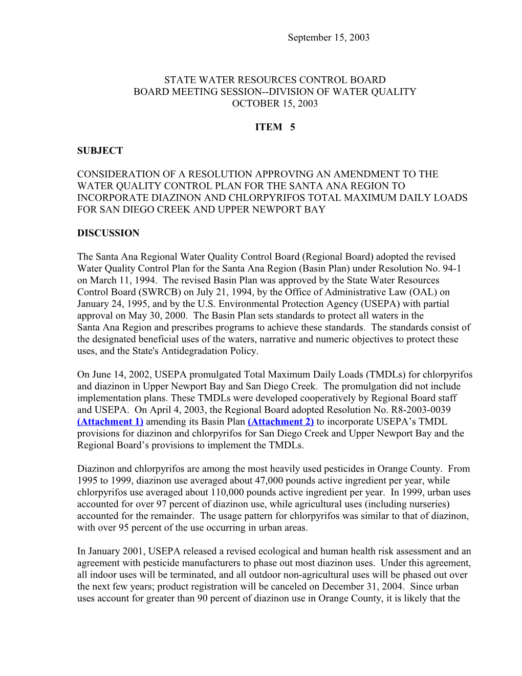 Santa Ana Basin Plan Amendment / Tmdls for San Diego Creek and Upper Newport Bay
