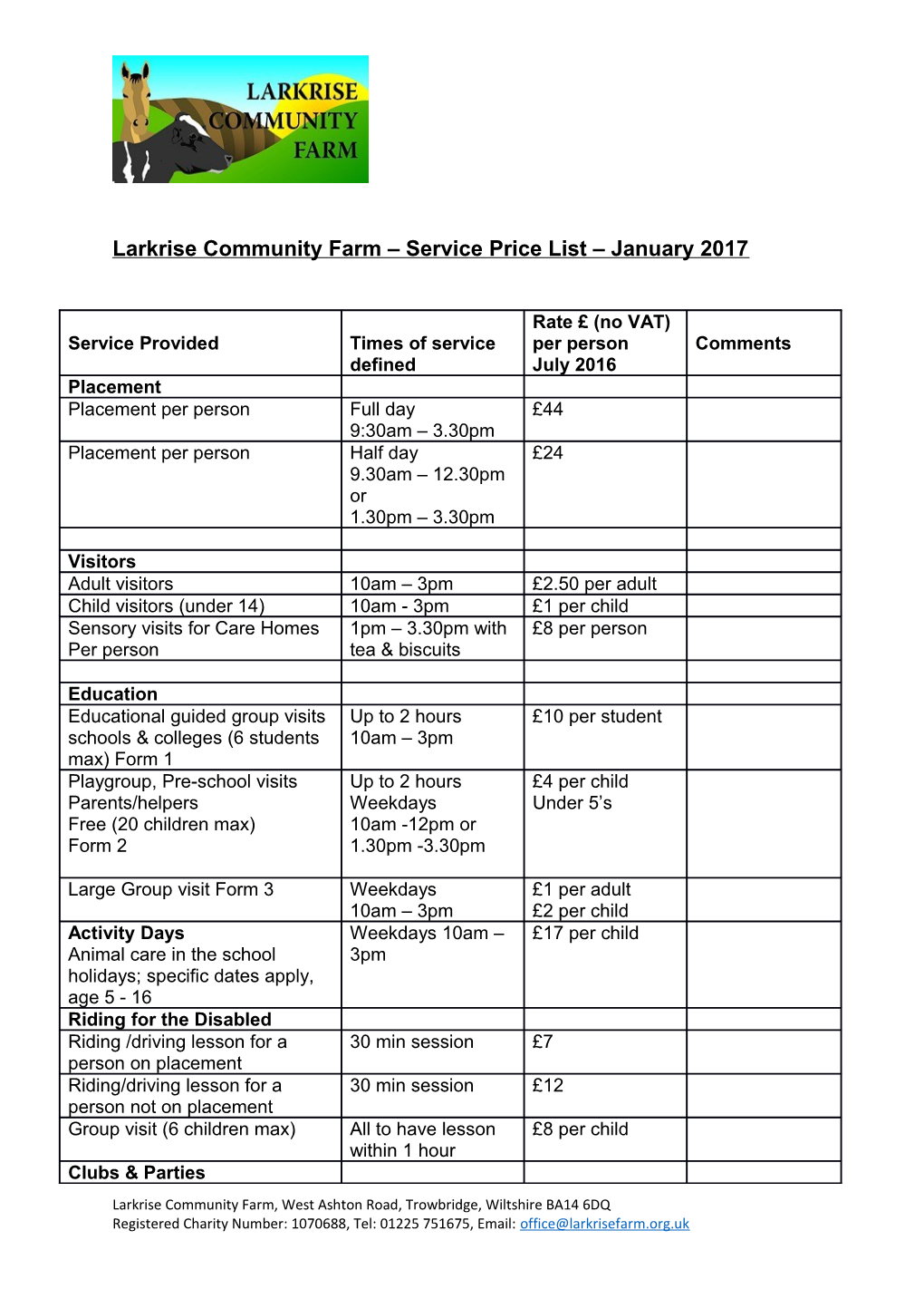 Larkrise Community Farm Service Price List January 2017