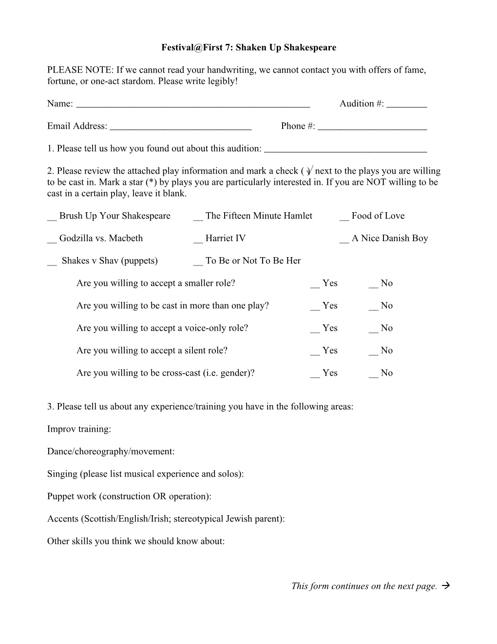 Theatre First Summer One-Act Festival Audition Form