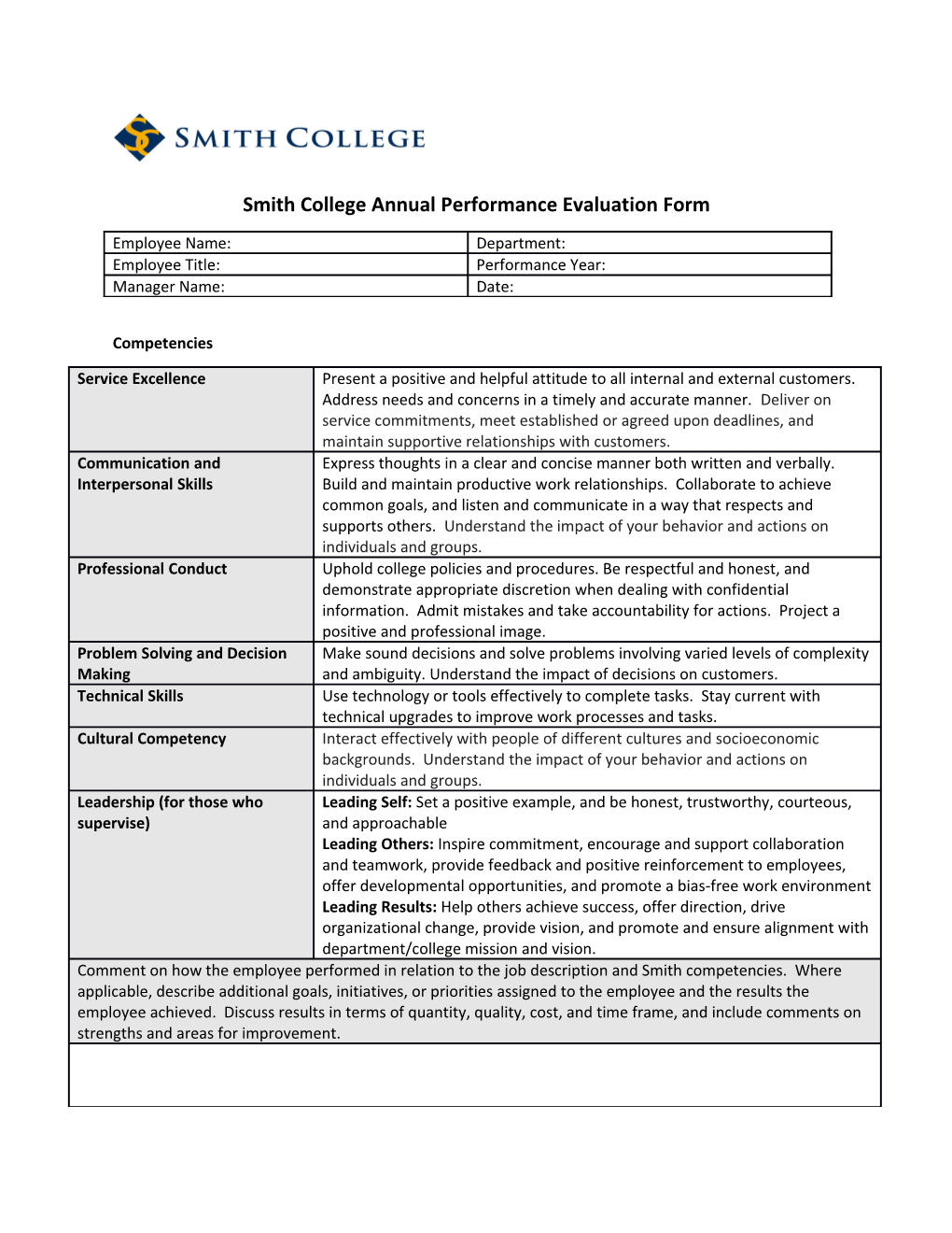 Smith College Annual Performance Evaluation Form