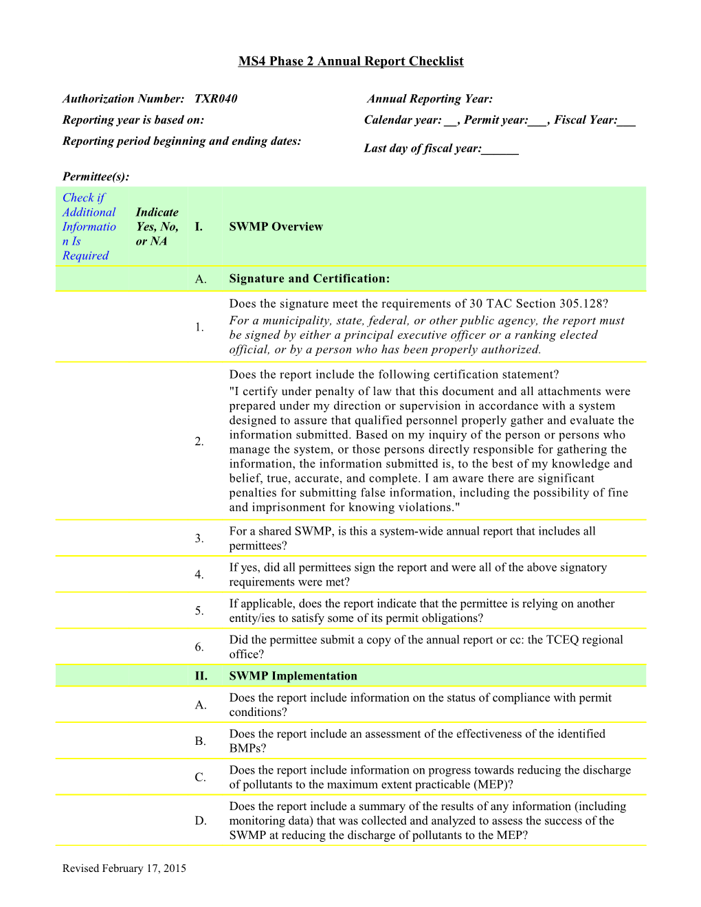 MS4 Phase 1 Annual Report Checklist