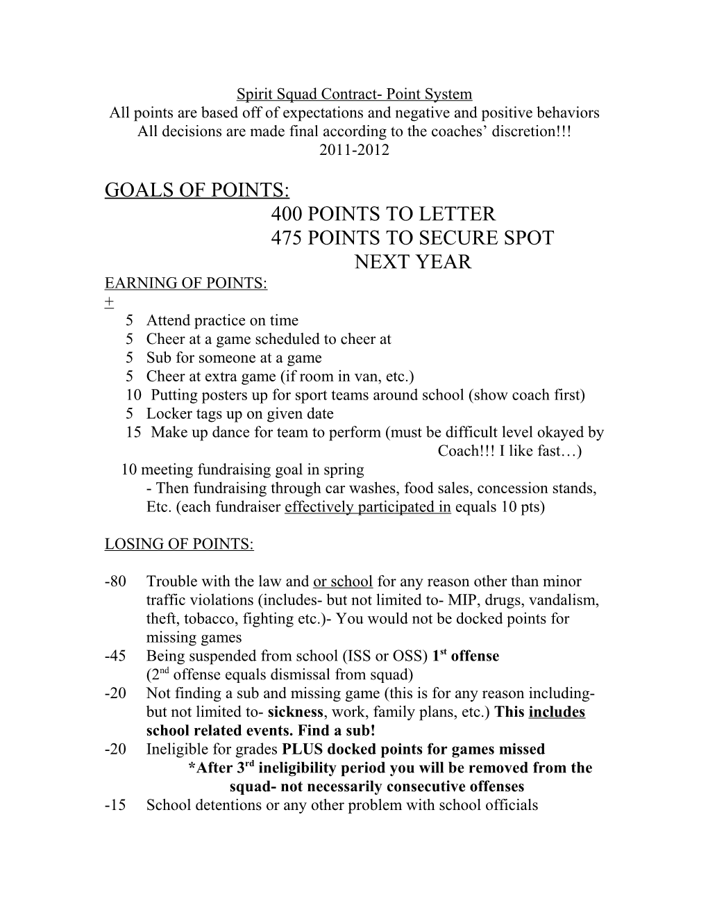 Spirit Squad Contract- Point System