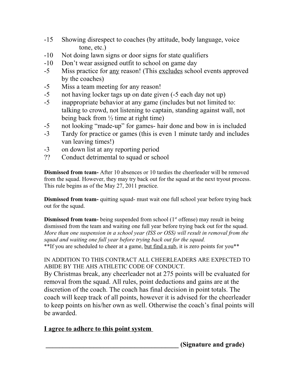 Spirit Squad Contract- Point System