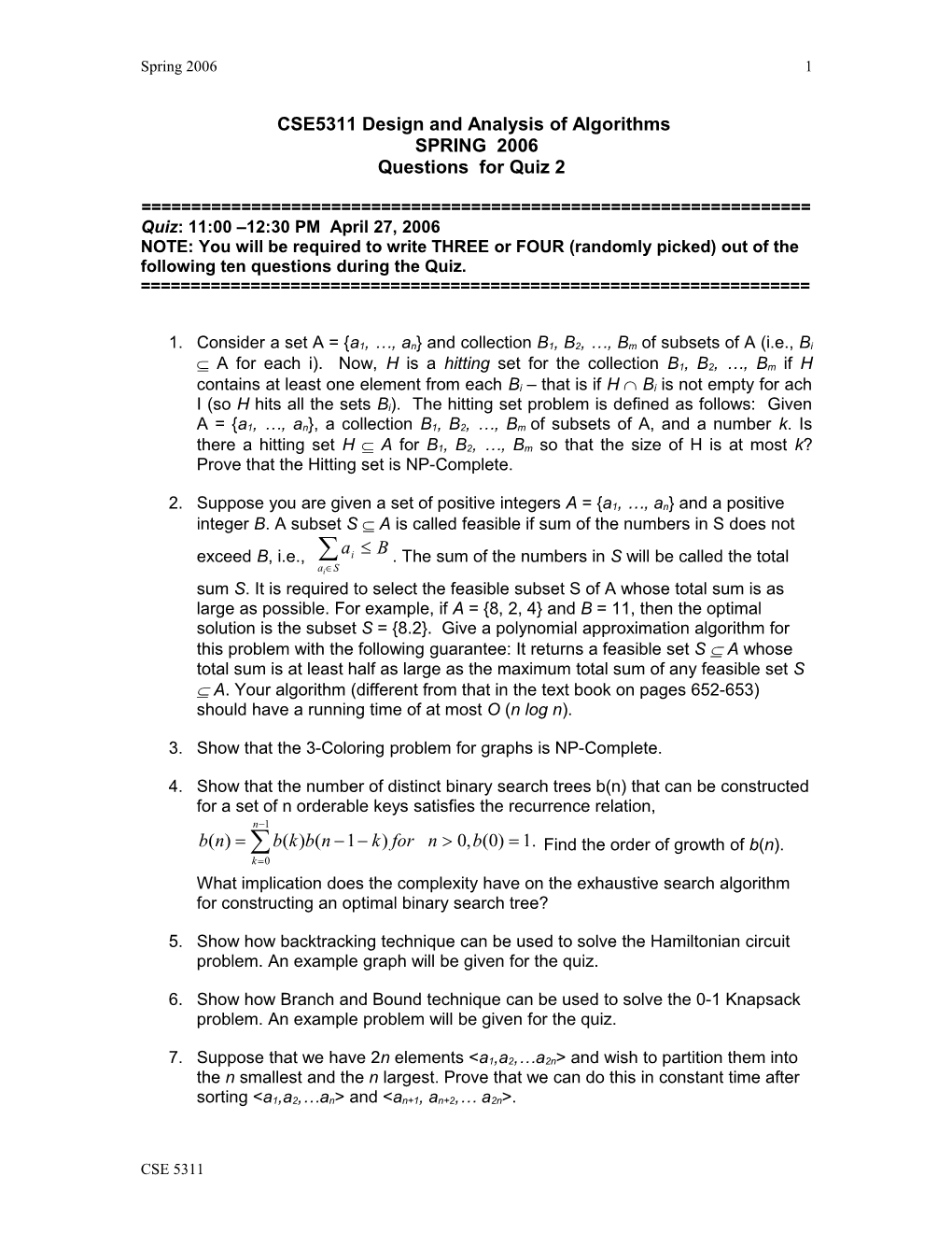 CSE5311 Design and Analysis of Algorithms