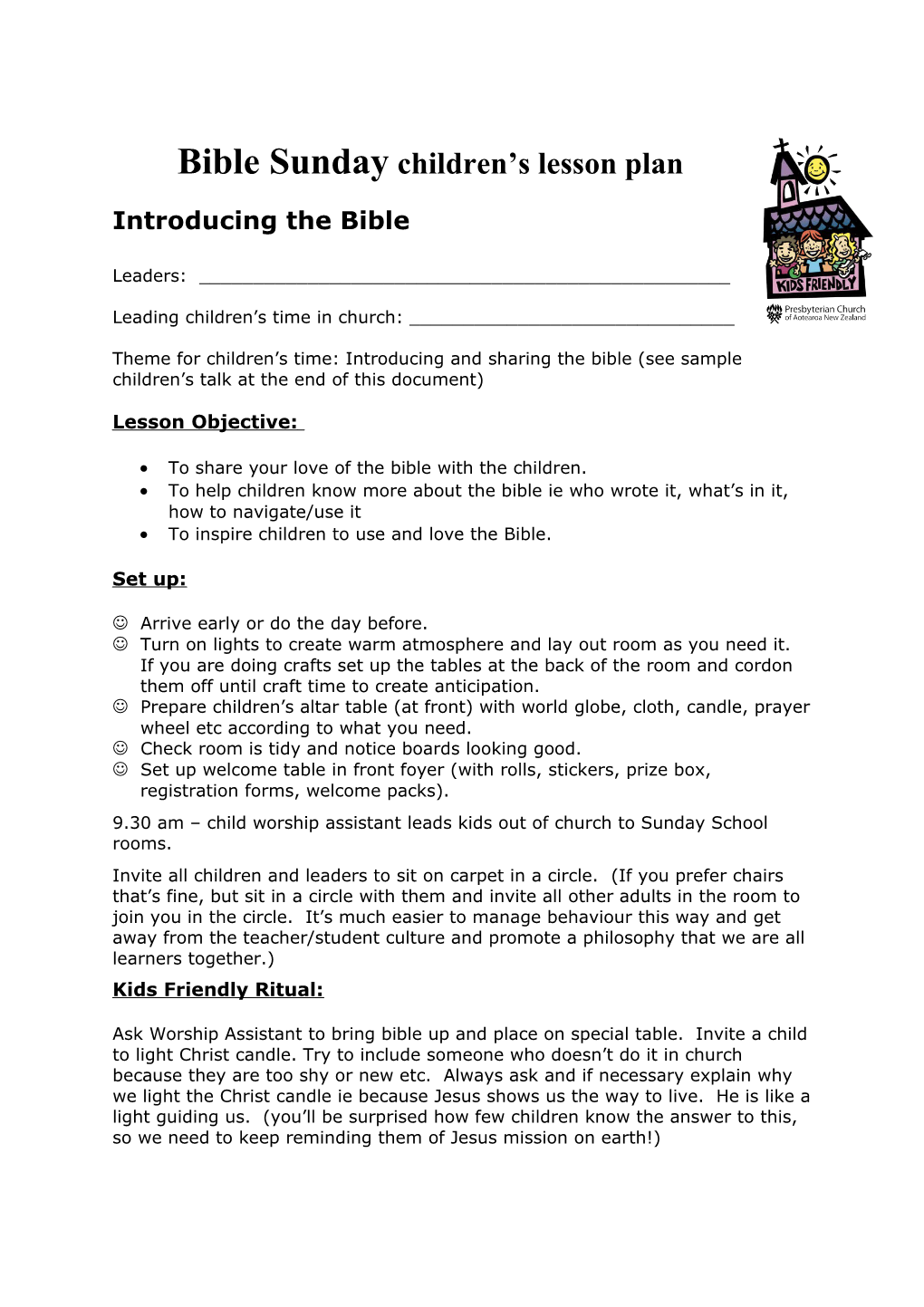 Bible Sunday Children S Lesson Plan