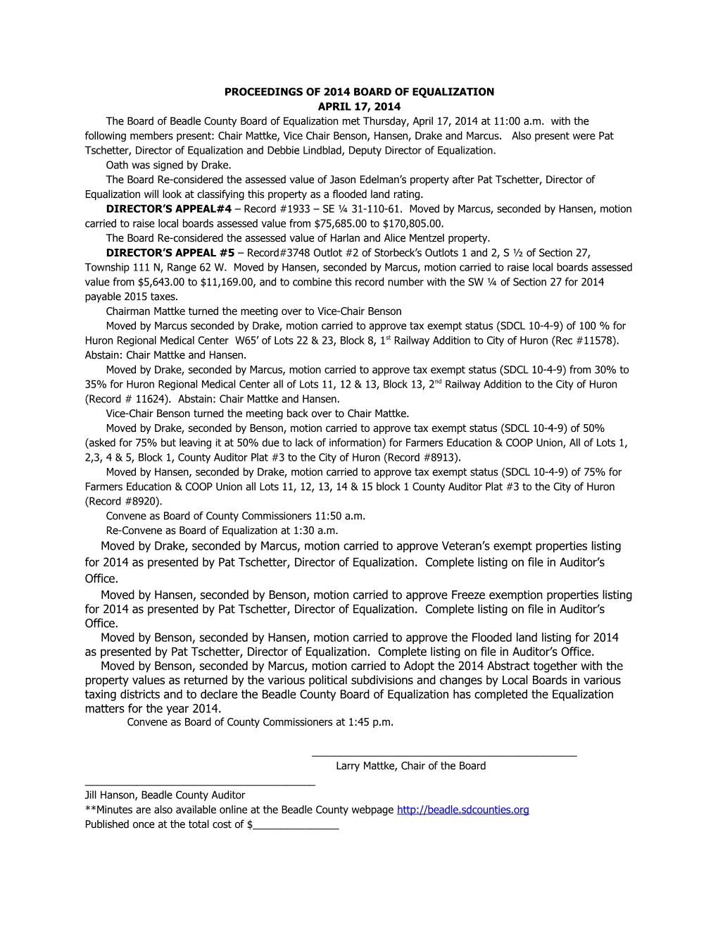 Proceedings of 2014 Board of Equalization