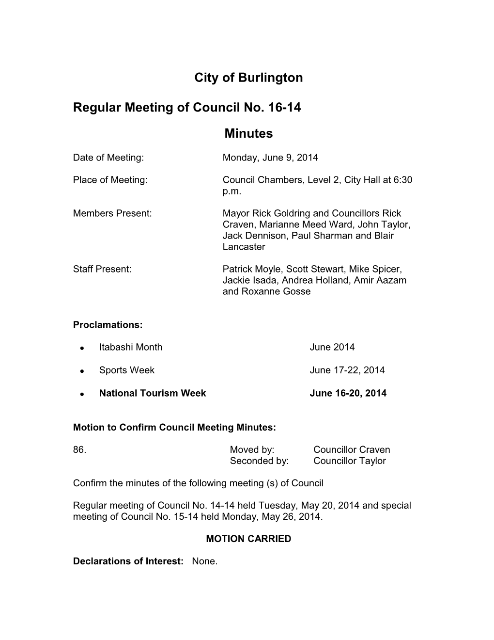 Motion to Confirm Council Meeting Minutes