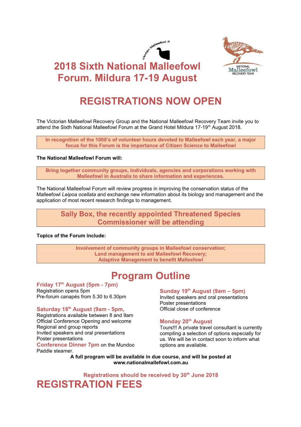 2018 Sixth National Malleefowl Forum. Mildura 17-19 August