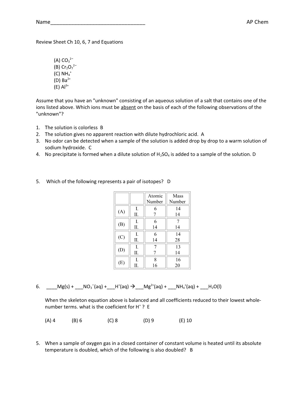 Review Sheet Ch 10, 6, 7 and Equations