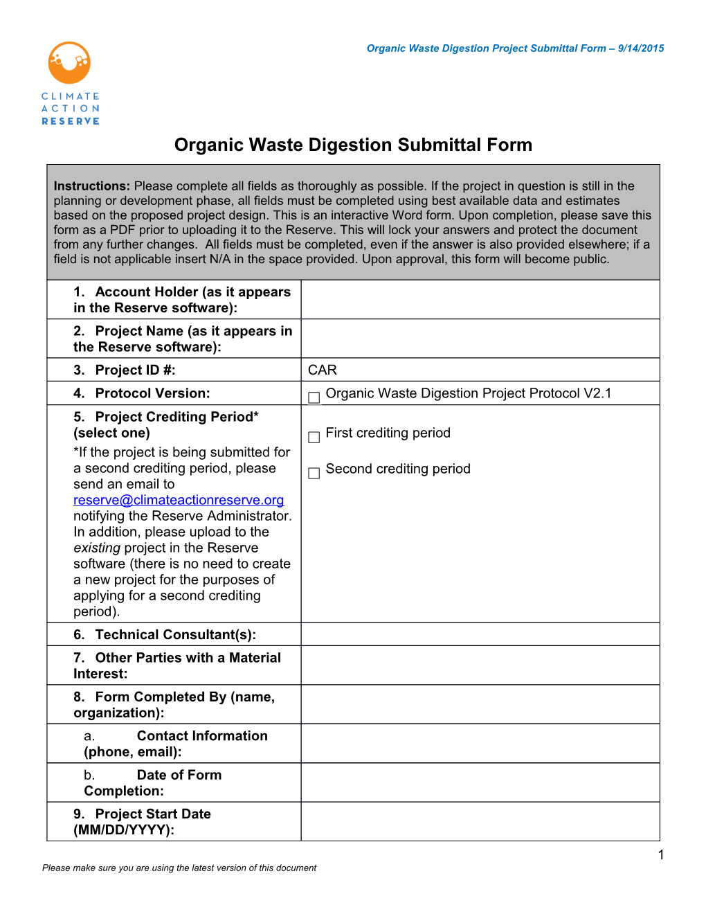 Organic Waste Digestion Submittal Form