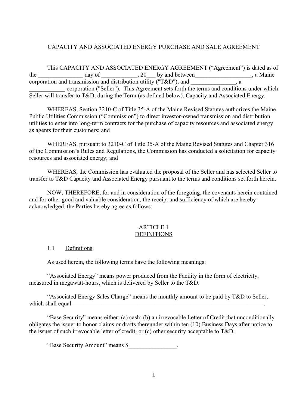 Capacity and Associated Energypurchase and Saleagreement