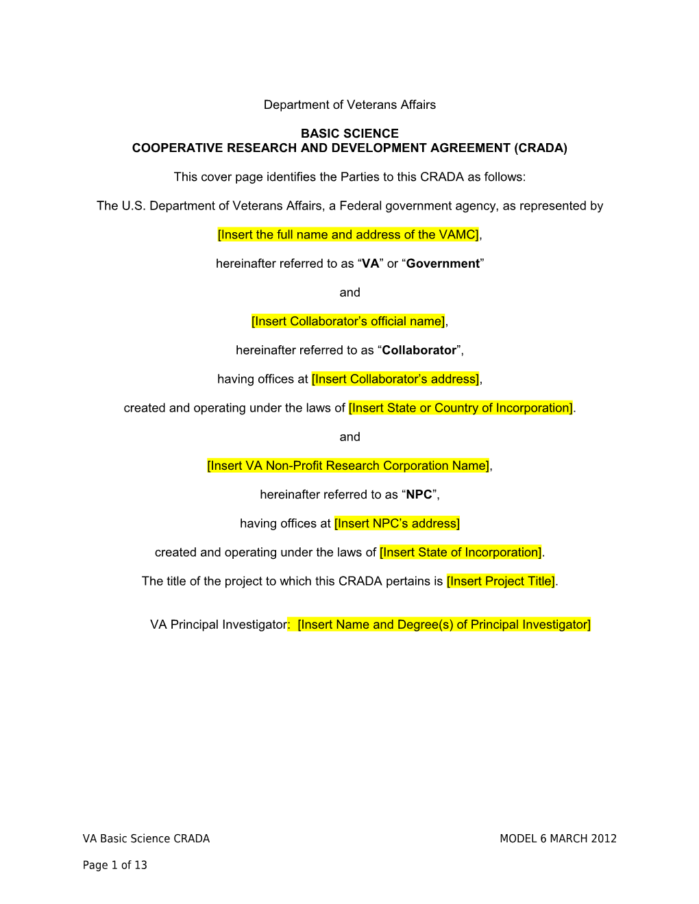 Basic Science CRADA Model