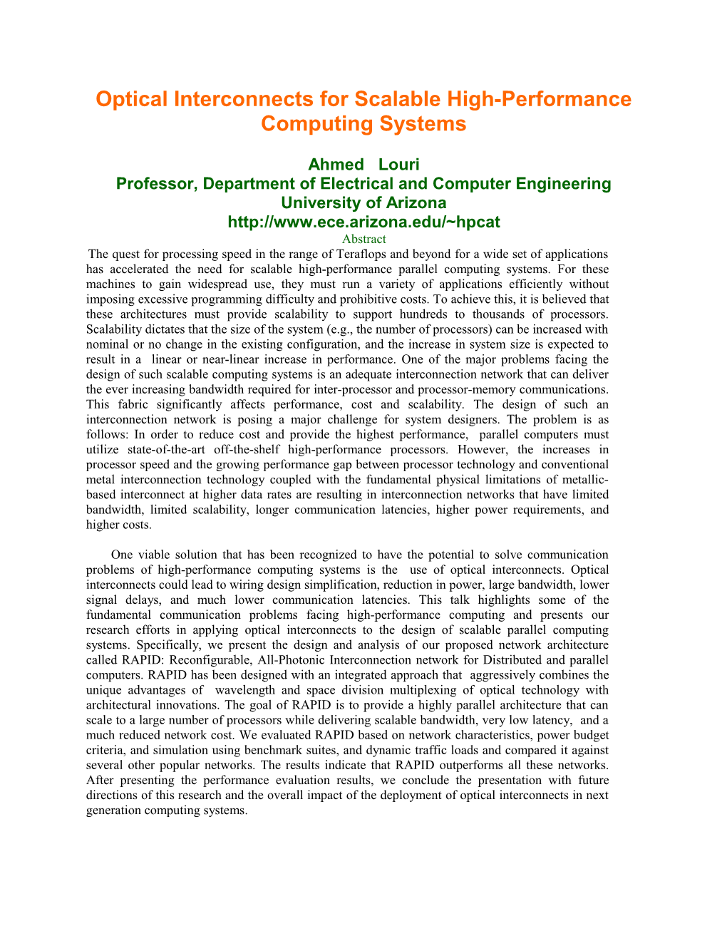 Optical Interconnects for Scalable High-Performance Computing Systems