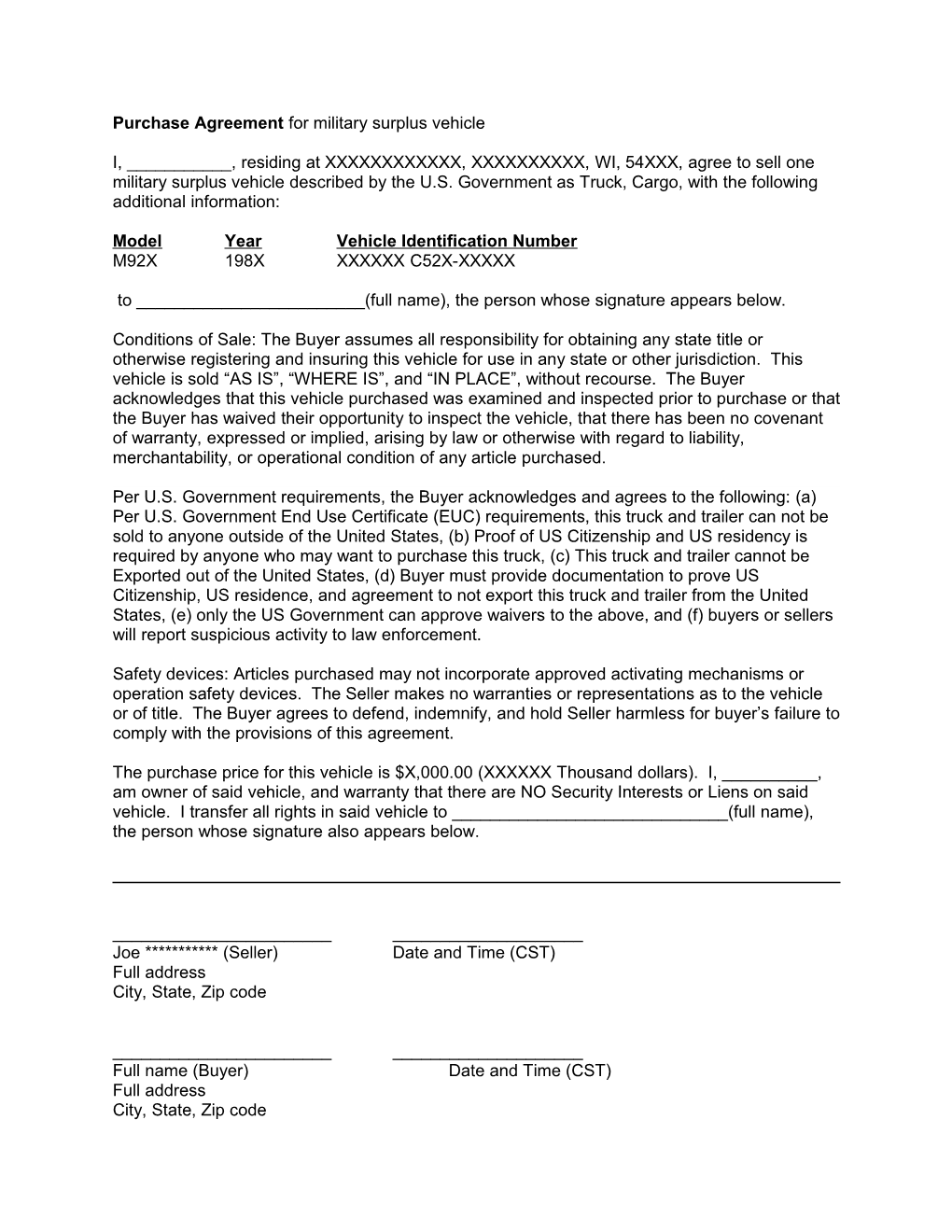 Purchase Agreement for Military Surplus Vehicle