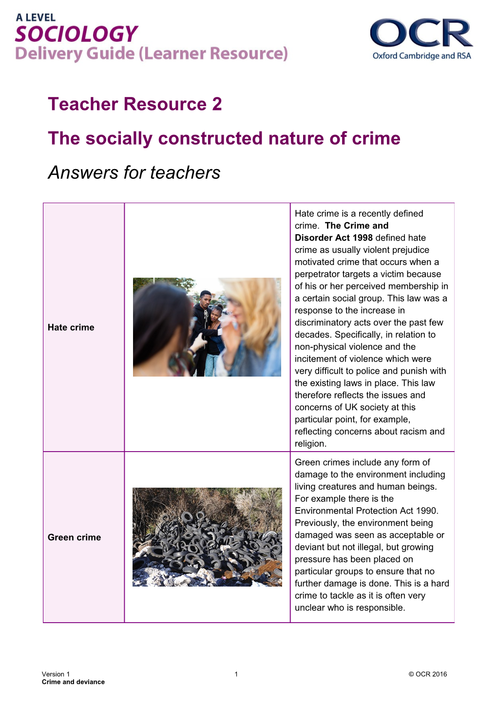 OCR a Level Sociology Delivery Guide Teacher Resource Activity 2