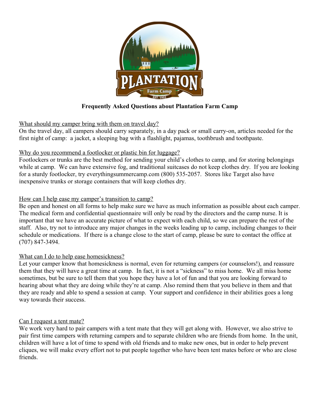 Frequently Asked Questions About Plantation Farm Camp