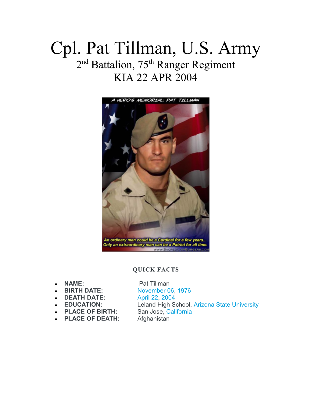 Cpl. Pat Tillman, U.S. Army