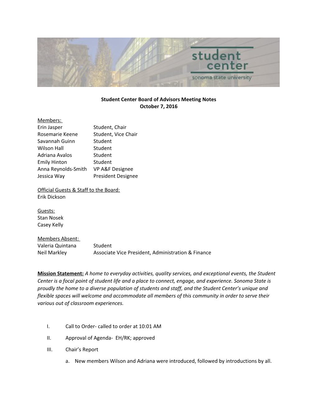 Student Center Board of Advisors Meeting Notes